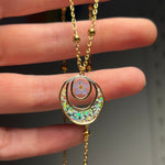 Forget me not real flower necklace and UV resin opal flakes. 18k gold plated Circles pendant.Resin jewelry.Forget-me-not pressed flowers