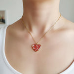 Woman heart pendant necklace with real red flowers in resin. Steel chain. Minimalist jewelry botany terrarium nature