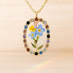 Rainbow rhinestone pendant necklace real flower bouquet in resin. Gold flower jewelry Forget me not forget-me-not. Unique gift necklace
