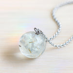 Collana donna dandelion dente di leone vero naturale sfera in resina. Gioielli fiori veri essiccati pressati. Catenina acciaio