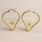 Orecchini cerchi pendenti donna acciaio oro ciondolo fiori veri resina.Gioielli resina fiori secchi pressati.Regalo unico per lei