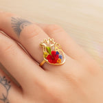 Anello donna cuore anatomico acciaio anallergico fiori veri colorati in resina. Anello taglia 10US diametro 2cm Gioielli fiori veri