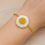 Bracciale donna terrarium fiore vero Margherita bianca Ciondolo in resina catenella acciaio oro regolabile taglia unica.Gioielli resina