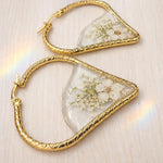 Orecchini cerchi pendenti donna acciaio oro ciondolo fiori veri resina.Gioielli resina fiori secchi pressati.Regalo unico per lei