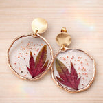 Orecchini Acero Giapponese Veri in Resina, Cerchi Pendenti Boho Oro o Argento, Gioiello Botanico Artigianale Regalo Donna