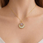 Forget me not real flower necklace and UV resin opal flakes. 18k gold plated Circles pendant.Resin jewelry.Forget-me-not pressed flowers