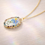 Rainbow rhinestone pendant necklace real flower bouquet in resin. Gold flower jewelry Forget me not forget-me-not. Unique gift necklace