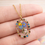 Rainbow rhinestone pendant necklace real flower bouquet in resin. Gold flower jewelry Forget me not forget-me-not. Unique gift necklace