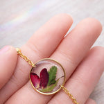Woman necklace with real flower pendant Red rose bud in resin. Gold steel chain Jewels crystals dried flowers pressed terrarium