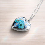Collana donna ciondolo cuore porta foto ricordo. Cuore fiori veri Forget me not nontiscordardimé. Idea regalo memoria