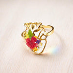 Anello donna cuore anatomico acciaio anallergico fiori veri colorati in resina. Anello taglia 10US diametro 2cm Gioielli fiori veri