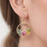 Irregular Hoop Earrings with Real Flowers in Resin, Boho Dangle Earrings in Gold or Silver Brass, Handmade Gift for Her