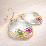 Irregular Hoop Earrings with Real Flowers in Resin, Boho Dangle Earrings in Gold or Silver Brass, Handmade Gift for Her