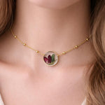Woman necklace with real flower pendant Red rose bud in resin. Gold steel chain Jewels crystals dried flowers pressed terrarium