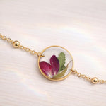 Woman necklace with real flower pendant Red rose bud in resin. Gold steel chain Jewels crystals dried flowers pressed terrarium