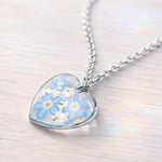 Real flowers heart necklace Forget me not in uv resin. Silver forget-me-not heart pendant. Resin jewelry. Dried pressed flowers