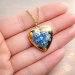 Collana donna ciondolo cuore porta foto ricordo. Cuore fiori veri Forget me not nontiscordardimé. Idea regalo memoria