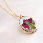 Woman necklace with real flower pendant Red rose bud in resin. Gold steel chain Jewels crystals dried flowers pressed terrarium