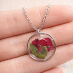 Woman necklace with real flower pendant Red rose bud in resin. Gold steel chain Jewels crystals dried flowers pressed terrarium