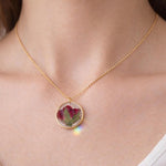 Woman necklace with real flower pendant Red rose bud in resin. Gold steel chain Jewels crystals dried flowers pressed terrarium