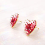 Orecchini cuore al lobo donna in acciaio fiori veri in resina.Gioielli resina fiori secchi pressati colorati. Accessori donna unici. Per lei