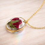 Woman necklace with real flower pendant Red rose bud in resin. Gold steel chain Jewels crystals dried flowers pressed terrarium