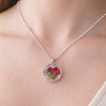 Woman necklace with real flower pendant Red rose bud in resin. Gold steel chain Jewels crystals dried flowers pressed terrarium