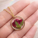 Woman necklace with real flower pendant Red rose bud in resin. Gold steel chain Jewels crystals dried flowers pressed terrarium