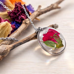 Woman necklace with real flower pendant Red rose bud in resin. Gold steel chain Jewels crystals dried flowers pressed terrarium