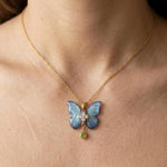 Blue Resin Opal Butterfly Necklace, Gold Steel Pendant with Zircons and Green Gem, Artisan Nature Jewelry Gift for Women