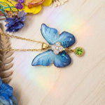 Blue Resin Opal Butterfly Necklace, Gold Steel Pendant with Zircons and Green Gem, Artisan Nature Jewelry Gift for Women
