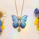 Blue Resin Opal Butterfly Necklace, Gold Steel Pendant with Zircons and Green Gem, Artisan Nature Jewelry Gift for Women