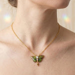 Small Green Butterfly Necklace in Resin and Gold, Steel Choker with Golden Pendant, Botanical Style Jewelry Gift for Her. Fairy Jewels