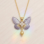 Realistic Resin Butterfly Necklace,Gold-Toned Stainless Steel in White and Brown,Pearl & Rhinestone Pendant,Romantic Jewelry Gift for Women