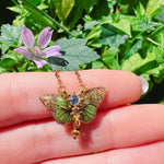 Small Green Butterfly Necklace in Resin and Gold, Steel Choker with Golden Pendant, Botanical Style Jewelry Gift for Her. Fairy Jewels