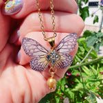 Realistic Resin Butterfly Necklace,Gold-Toned Stainless Steel in White and Brown,Pearl & Rhinestone Pendant,Romantic Jewelry Gift for Women