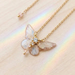 Iridescent Ivory and Gold Resin Butterfly Necklace - Shimmering Butterfly Pendant with Rhinestones & Steel Chain - Ethereal Gift for Her