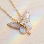 Iridescent Ivory and Gold Resin Butterfly Necklace - Shimmering Butterfly Pendant with Rhinestones & Steel Chain - Ethereal Gift for Her