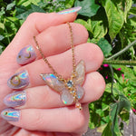 Iridescent Ivory and Gold Resin Butterfly Necklace - Shimmering Butterfly Pendant with Rhinestones & Steel Chain - Ethereal Gift for Her