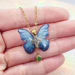 Blue Resin Opal Butterfly Necklace, Gold Steel Pendant with Zircons and Green Gem, Artisan Nature Jewelry Gift for Women