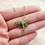Small Green Butterfly Necklace in Resin and Gold, Steel Choker with Golden Pendant, Botanical Style Jewelry Gift for Her. Fairy Jewels