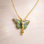 Small Green Butterfly Necklace in Resin and Gold, Steel Choker with Golden Pendant, Botanical Style Jewelry Gift for Her. Fairy Jewels