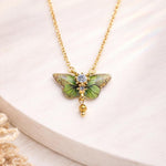 Small Green Butterfly Necklace in Resin and Gold, Steel Choker with Golden Pendant, Botanical Style Jewelry Gift for Her. Fairy Jewels