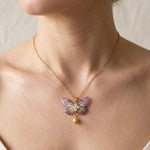 Realistic Resin Butterfly Necklace,Gold-Toned Stainless Steel in White and Brown,Pearl & Rhinestone Pendant,Romantic Jewelry Gift for Women