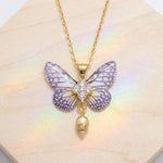 Realistic Resin Butterfly Necklace,Gold-Toned Stainless Steel in White and Brown,Pearl & Rhinestone Pendant,Romantic Jewelry Gift for Women