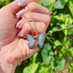 Blue Resin Opal Butterfly Necklace, Gold Steel Pendant with Zircons and Green Gem, Artisan Nature Jewelry Gift for Women