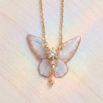 Iridescent Ivory and Gold Resin Butterfly Necklace - Shimmering Butterfly Pendant with Rhinestones & Steel Chain - Ethereal Gift for Her