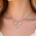Iridescent Ivory and Gold Resin Butterfly Necklace - Shimmering Butterfly Pendant with Rhinestones & Steel Chain - Ethereal Gift for Her