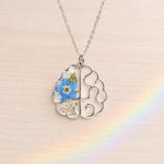 Handmade necklace with anatomical brain pendant in steel and real flowers.Resin jewelry.Gift for doctors.Gift for psychologists,neurologists