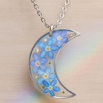 Collana Luna fiori veri Forget me not in resina uv. Ciondolo Luna argento nontiscordardimé .Gioielli resina.Fiori pressati essiccati